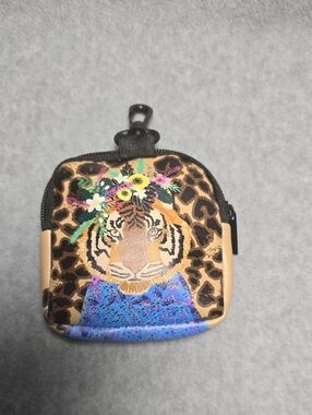Tiger Floral  Pouch in Leopard Print and Blue With Clip